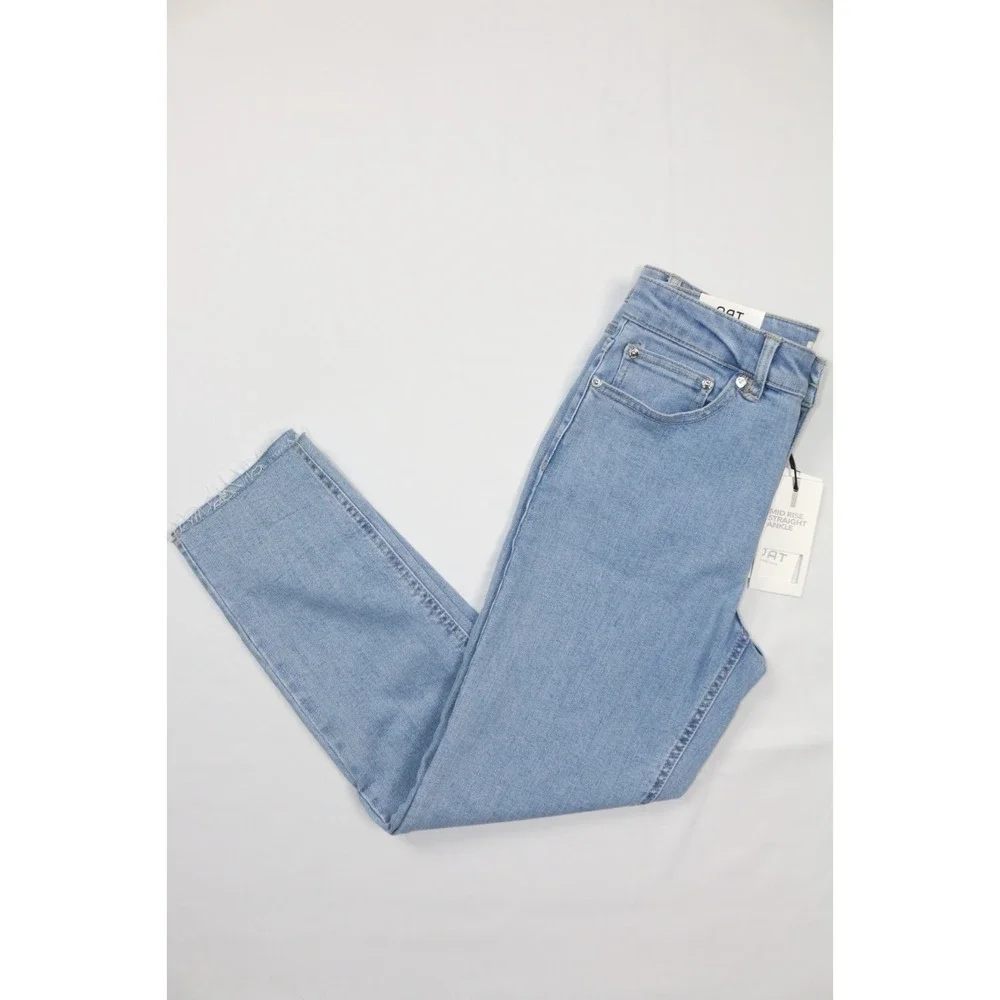 OAT New York Mid Rise Straight Ankle Jeans Women 6/28 NWT Light Wash Raw Hem